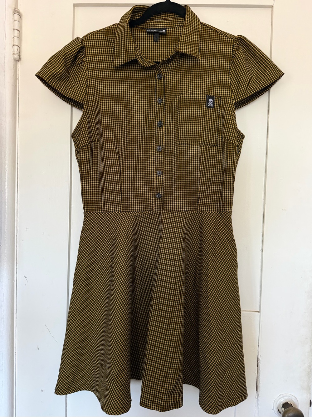 Sourpuss Skater Button Up Dress in Mustard Check Sz L